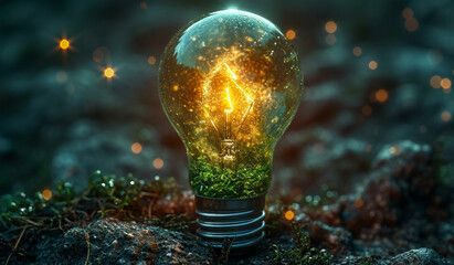A light bulb with a glowing green plant inside of it. Generative AI - obrazy, fototapety, plakaty