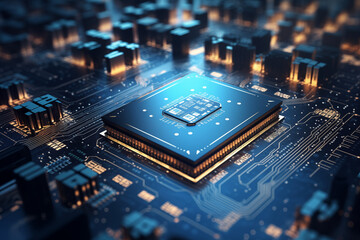 Fototapeta premium Technologiekonzept für künstliche Intelligenz zur Digitalisierung und Maschinenlernen, das mit einer elektronischen Platine verbunden ist