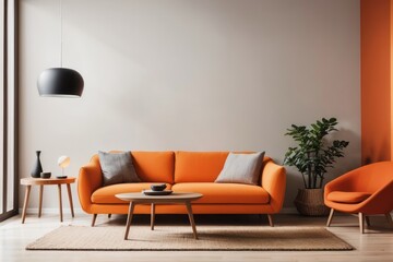 Interior home design of modern living room with sofa and round wooden table with wooden furniture and houseplants near the window