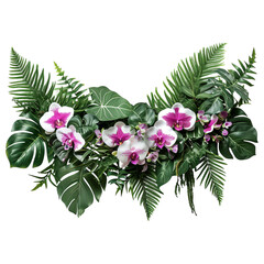 Tropical leaves and flower garland bouquet arrangement mixes orchids flower with tropical foliage...