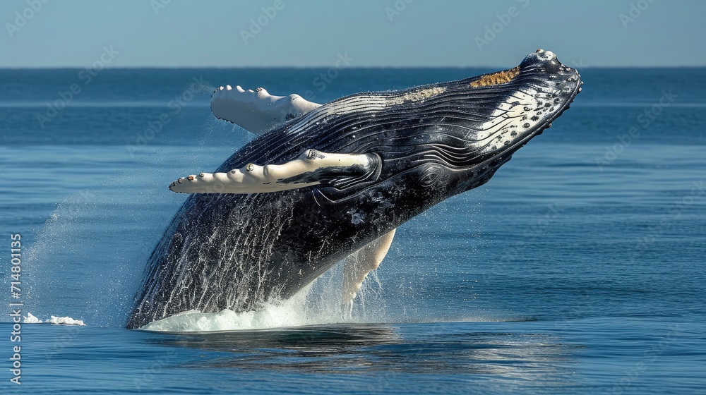 Wall mural Humpback whale mid-breach on a clear day. - Wall murals