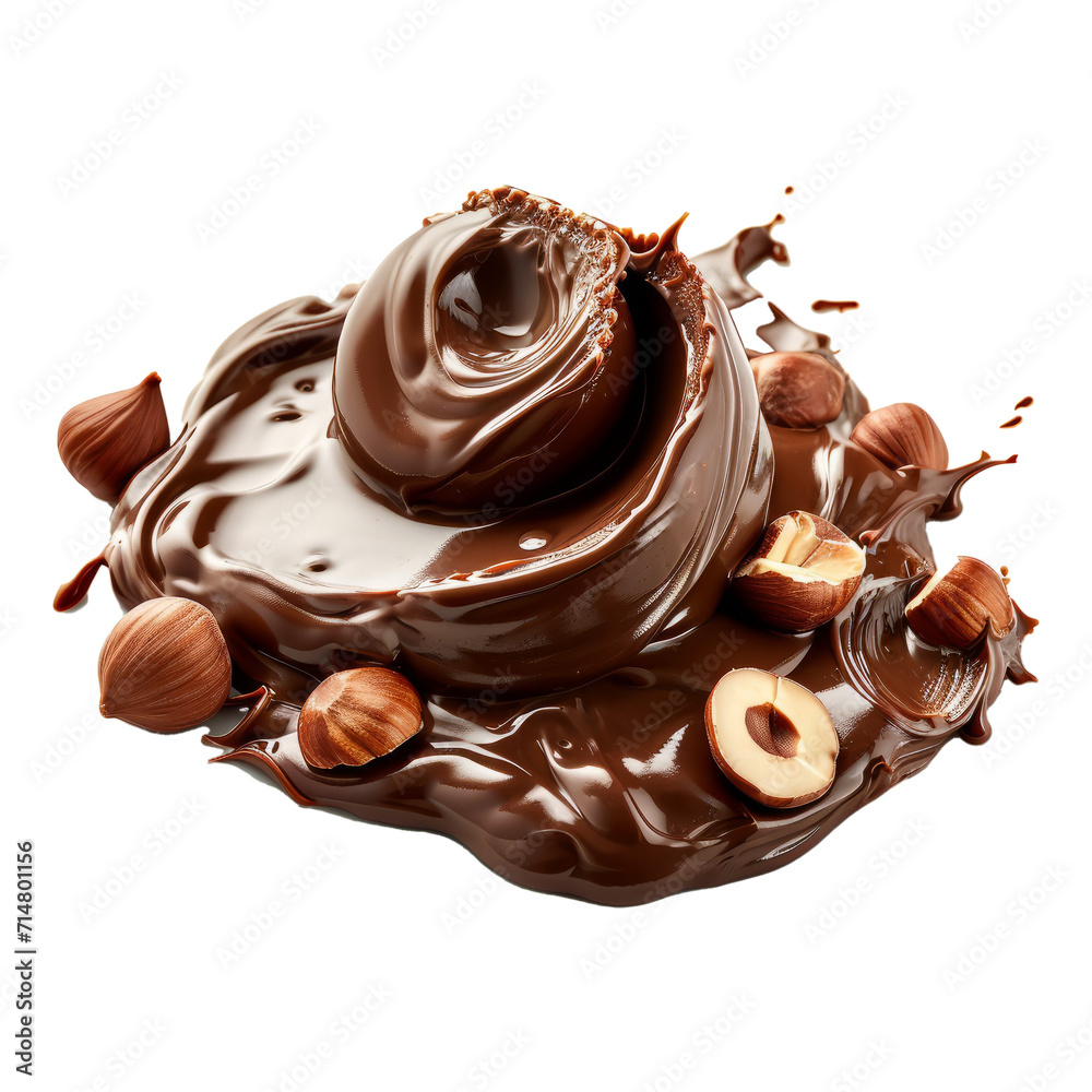 Poster melted chocolate in a twisted shape with hazelnuts closeup