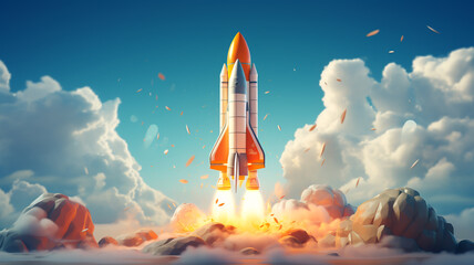 Image of a space rocket taking off from the launch pad. Sent to explore outer space. 3d, 3d render