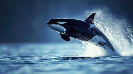 Orca whale breaching ocean surface with splashes. - obrazy, fototapety, plakaty