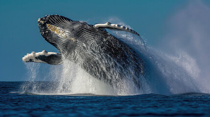 A humpback whale leaps from the sea.