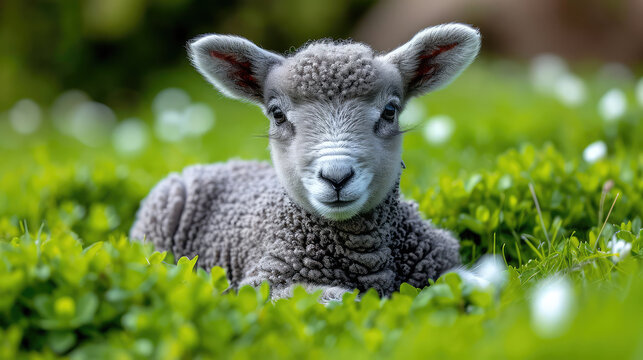 A peaceful young lamb lying in a lush green field