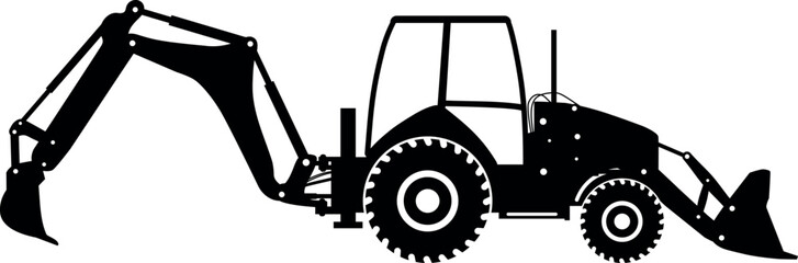 Silhouette of Wheel Backhoe Loader Icon in Flat Style. Vector Illustration