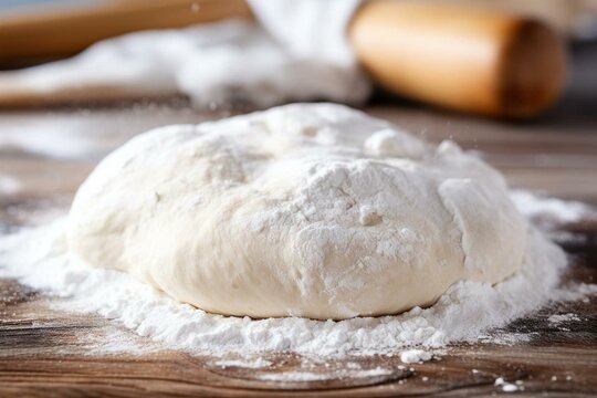 Closeup of dough made with fresh yeast, surrounded by flour on a white wooden table. Generative AI
