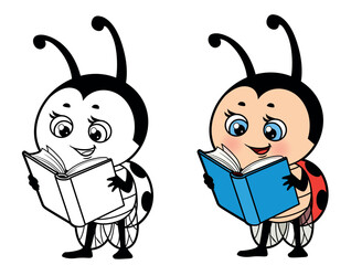 Cute cartoon ladybug read a book color variation and putlined for coloring page on white background © Azuzl