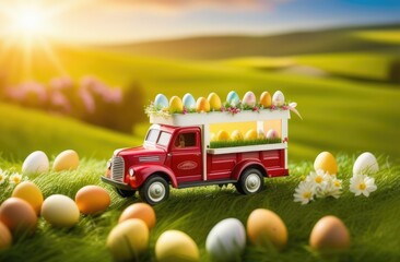 Easter concept. A toy truck full of colorful Easter eggs against the background of a field with green grass and flowers. Egg delivery. Close-up. Blurred background.