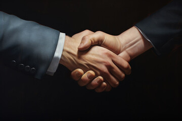 Close up two man shaking hand on dark background. - obrazy, fototapety, plakaty