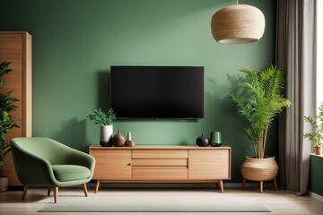Interior home design of modern living room with armchair and wooden sideboard with wooden furniture and houseplants on the green wall