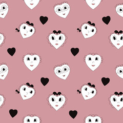 Cute pattern with anthropomorphic hearts, seamless background with a variety of hearts.