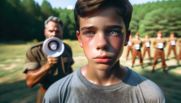 Young boy at a military style school while his instructor barks orders. Such schools try to instill qualities in the students like honor, integrity, duty, service and self-discipline