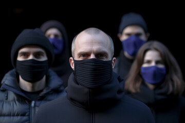 group of people wearing dark protective face masks. pandemic or pollution concept