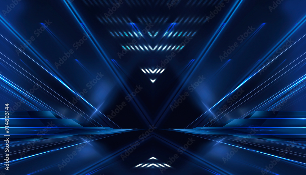 Wall mural abstract scene from rays of light with stairs, blue neon, spotlights.