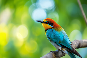 Obraz premium a colorful bird perched on a branch in a natural outdoor setting. It showcases the vibrant feathers and the bird's interaction with its environment. The bird its vibrant feathers are prominently 
