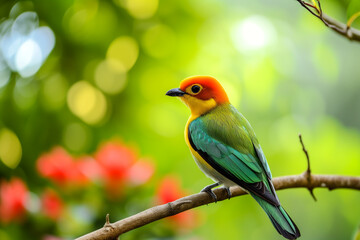 Fototapeta premium a colorful bird perched on a branch in a natural outdoor setting. It showcases the vibrant feathers and the bird's interaction with its environment. The bird its vibrant feathers are prominently 