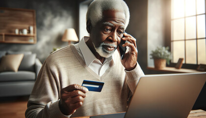 An Elderly African American man enters his credit card information online via his laptop connected to the internet. Many elderly ones are vulnerable to online scams - obrazy, fototapety, plakaty