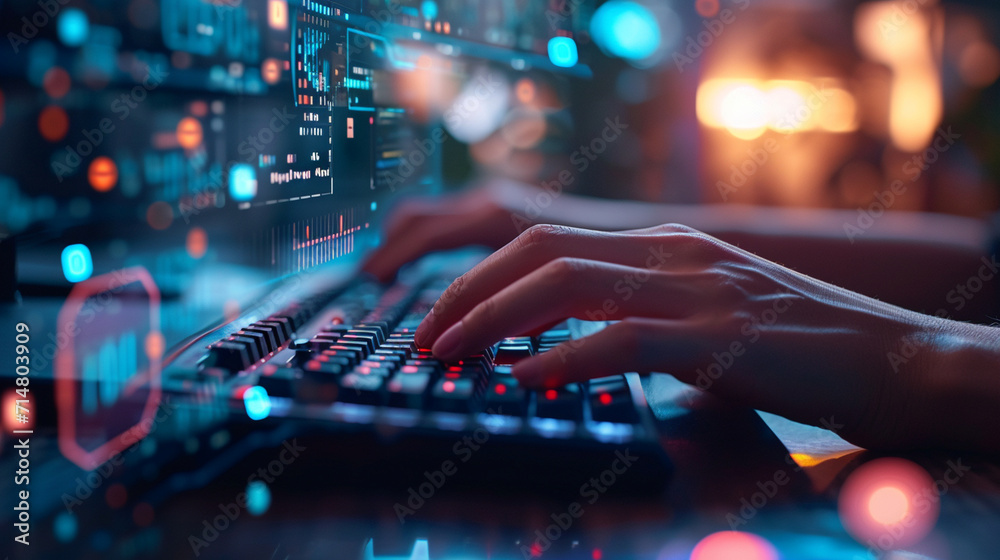 Fototapete a developer typing on a keyboard with security firewall graphics in the foreground, secure software 