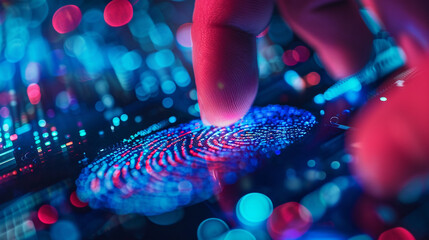 A close-up of a hand scanning a fingerprint on a digital device for secure access, Secure Software Development, blurred background, with copy space - obrazy, fototapety, plakaty