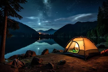 Deurstickers A tent camping besides a beautiful lake © grey