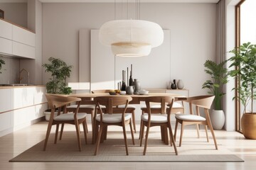 Japandi interior home design of modern dining room with wooden chairs and dining table with wooden furniture and houseplants near the window