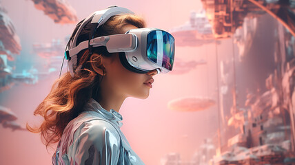 Young woman with vr glasses enjoying surfing the internet