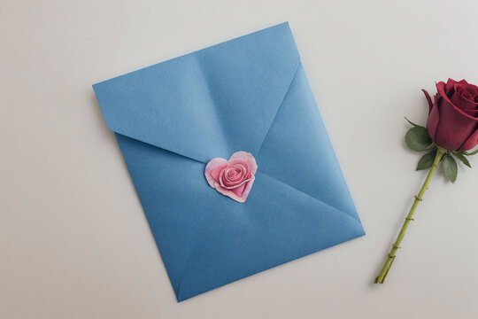 Valentine Day concept, Flat lay photo of a rose flower and Bleu envelope with rose seal sticker, isolated on white background, valentines Day card idea