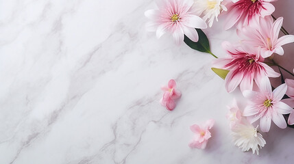 Fototapeta na wymiar white marble background with flowers composition white and pink beautiful flowers