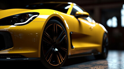 Closeup on front of generic and unbranded car A super yellow sports car background wallpaper illustration - obrazy, fototapety, plakaty