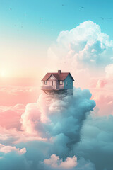 A fantasy house above clouds in the sky - obrazy, fototapety, plakaty