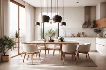 Japandi interior home design of modern dining room with wooden chairs and dining table with wooden furniture and houseplants near the window