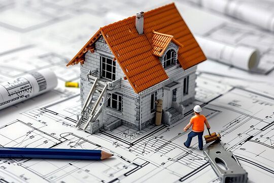 Blueprints in Action: Construction Worker Building a House, Illustrating Progress in a Dynamic Construction Project