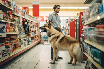 A man and a dog in a pet food store between shelves. - obrazy, fototapety, plakaty