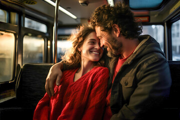 A man and a woman sitting on a bus and showing love between each other.