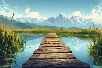 natural scenery with a cartoon background of rivers and hills