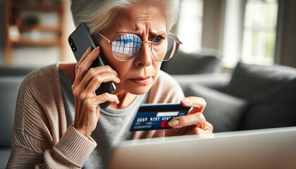 An Elderly American woman enters her credit card information online via her laptop connected to the internet. Many elderly ones are vulnerable to online scams - obrazy, fototapety, plakaty