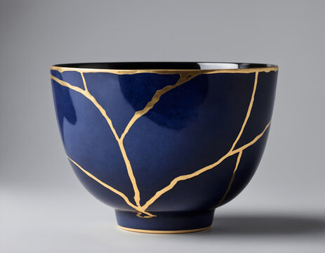 Kintsugi-Inspired Dark Blue Cup Shining Against a White Canvas