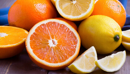 Orange and lemon, whole and cut fresh citrus fruits on the table, organic natural healthy food