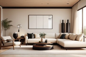 Japandia interior home design of modern living room with beige sofa and round wooden table with fireplace and wooden furniture near the window
