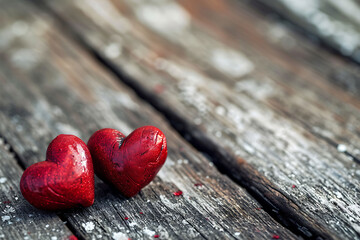 Fototapeta premium Two red hearts on rustic wooden background. Romantic love and Valentine's Day concept. Intimate and affectionate still life for design and print