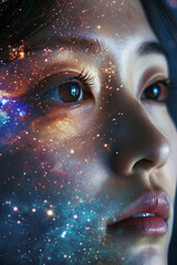 A close up of an Asian woman face blended with galaxy