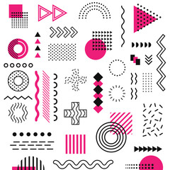 Set of 100 geometric shapes. Memphis design, retro elements for web, vintage, advertisement, commercial banner, poster, leaflet, billboard, sale. Collection trendy halftone vector geometric shapes.