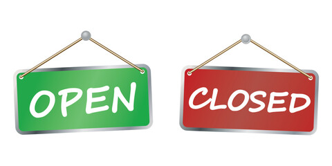Open, come in, sorry we are closed hanging signs on door set in realistic style. Store business boards, plaques red, green collection. Storefront accessories. Vector illustration isolated on white.