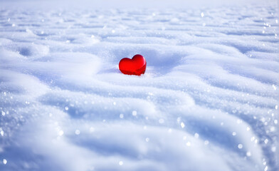 A red heart on the snowfield, background, Valentine's Day, Christmas. Generative AI