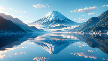 3D art of Mount Fuji with a serene lakeside reflection, perfect for social media ads promoting tranquility. AI Generated.