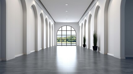 Interior of a long hallway with open doors, clean shiny floors and white walls in a luxury apartment or hotel	