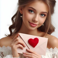 Beautiful young white Caucasian girl holding up a pink love letter with a red heart on it. Isolated on white background. Concept of love, Valentine's day, engagement, romantic words.