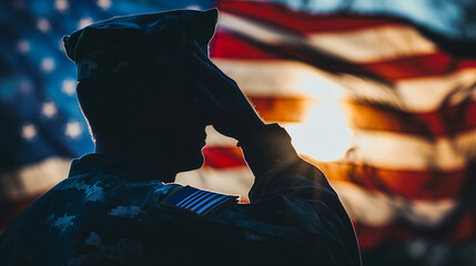 Silhouette of a saluting figure against a backdrop of the American flag. USA national freedom day